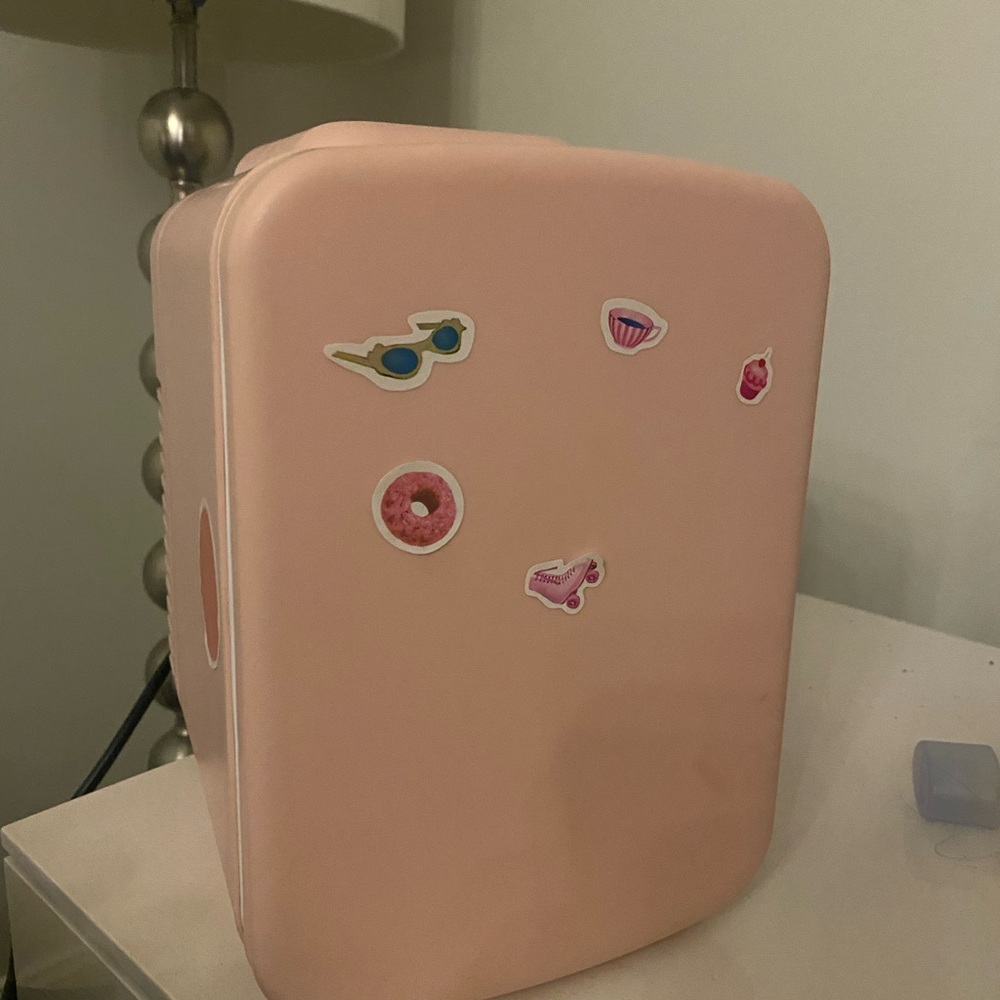 Pink Mini Fridge with Fun Stickers